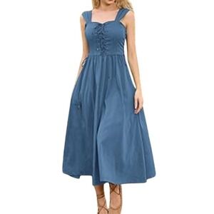 Scarlet Darkness Blue Lace Up Corset Waist Midi‎ Dress Cottagecore Size 2XL